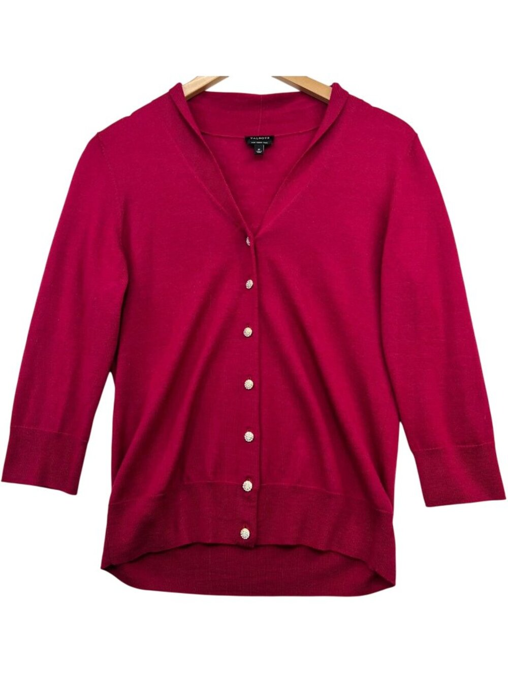 Talbots Womens Merino Wool Button Front Cardigan Sweater 3/4 Sleeve Sz M Fuchsia